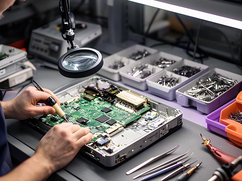Técnico comprobando circuitos y piezas de un equipo electrónico en un banco de diagnóstico