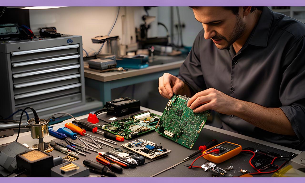 Técnico revisando una placa electrónica junto a herramientas de precisión en un taller de Cuevas del Almanzora