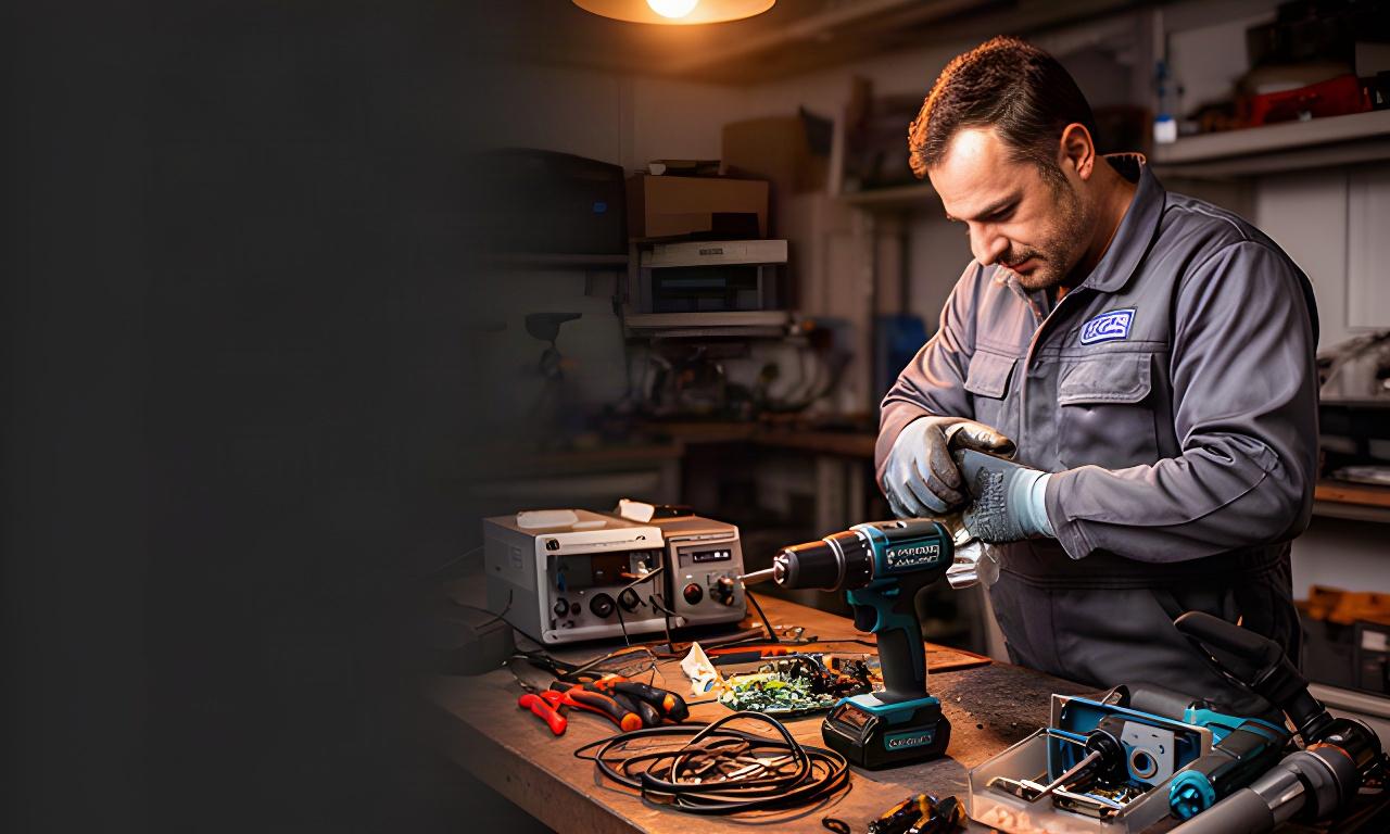 Técnico revisando una herramienta eléctrica sobre un banco de trabajo en un taller de Cuevas del Almanzora