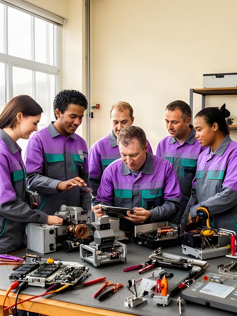 Equipo de cinco técnicos trabajando con herramientas y equipos de reparación en un taller luminoso