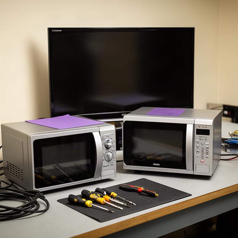 Televisor, consola y microondas preparados para reparación en una mesa de taller